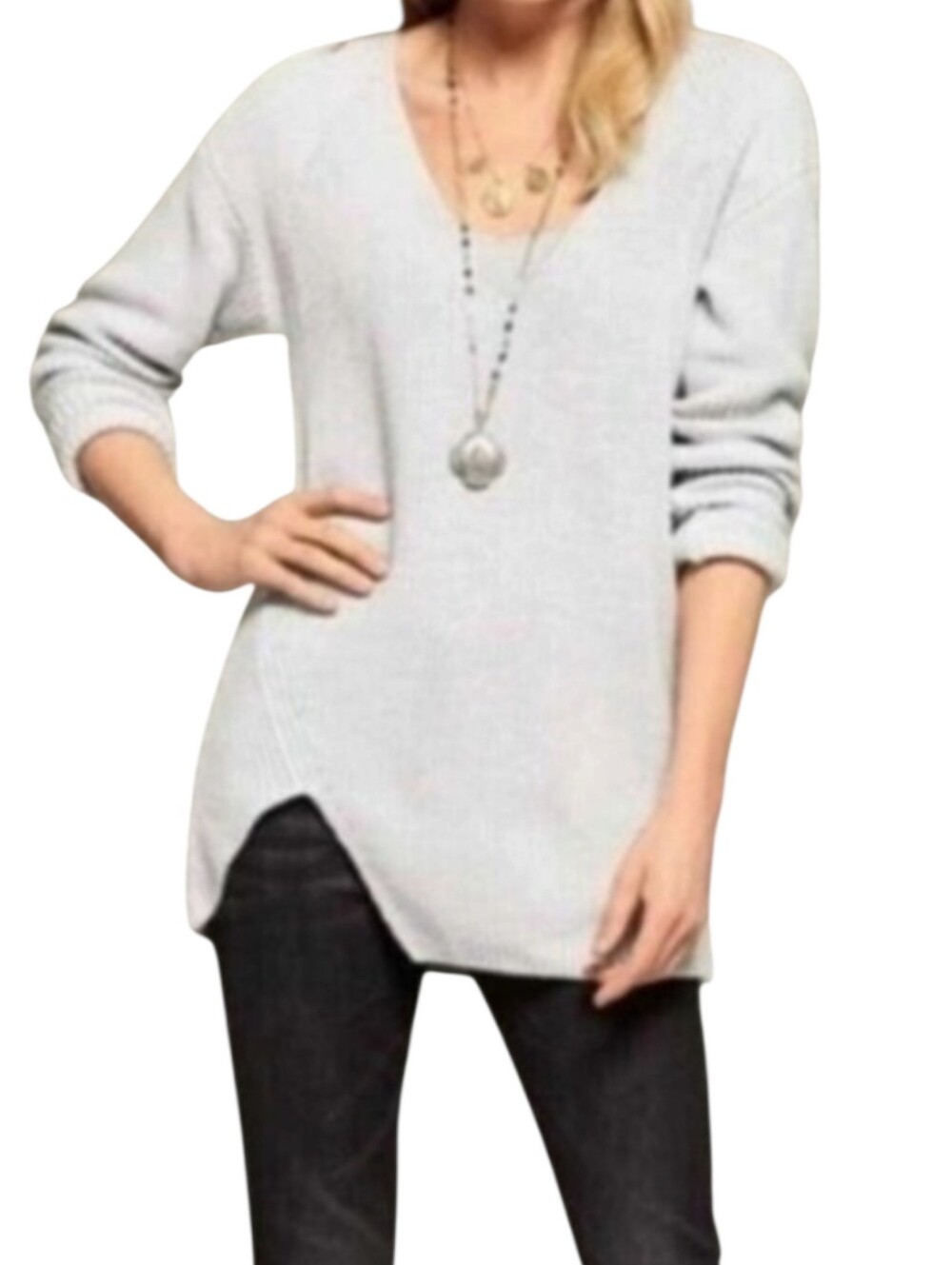 CAbi Light Gray deep V-Neck Shaker Knit Tunic Sweater Side Zip Relaxed Fit Sz S
